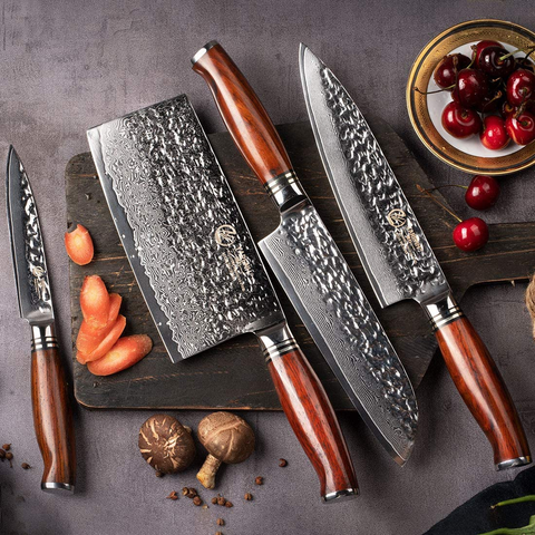 Image of YARENH Damascus Kitchen Knife Set with Cleaver 4 Pcs - 73 Layers Japanese High Carbon Stainless Steel - Full Tang Natural Dalbergia Wood Handle - Professional Chef Knife Set
