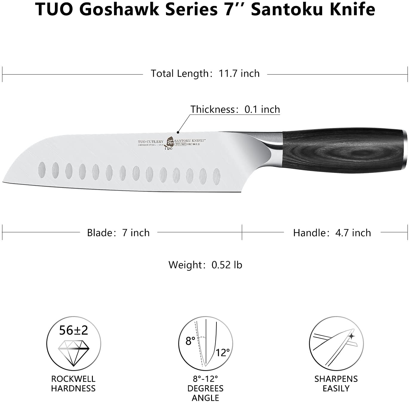 TUO 7 Inch Santoku Knife, Japanese Chef Knife Vegetable Meat Kitchen Knife, German HC Stainless Steel, Premium Ergonomic Pakkawood Handle, Full Tang with Gift Box, Goshawk Series