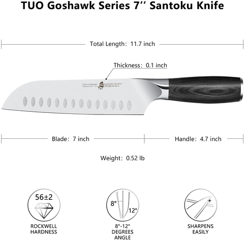 Image of TUO 7 Inch Santoku Knife, Japanese Chef Knife Vegetable Meat Kitchen Knife, German HC Stainless Steel, Premium Ergonomic Pakkawood Handle, Full Tang with Gift Box, Goshawk Series