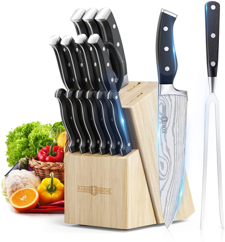 Image of Kitchen Knife Set, PARIS RHÔNE 16-Piece High-Carbon Stainless Steel Knife Set with Block, Chef Knife, Bread Knife, Paring Knife, Built-In Sharpener, Ergonomic ABS Full Tang Handle, All-In-One