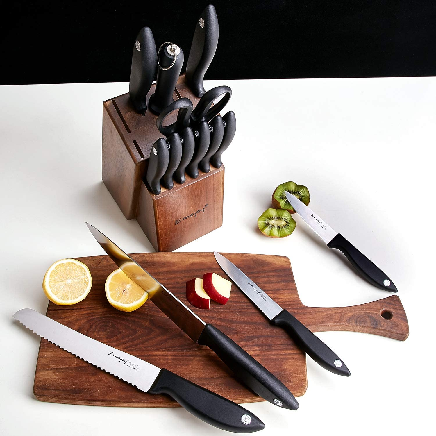 Knife Set 15-Piece Kitchen Knife Set with Sharpener Wooden Block and Serrated Steak Knives,Emojoy Germany High Carbon Stainless Steel Knife Block Set