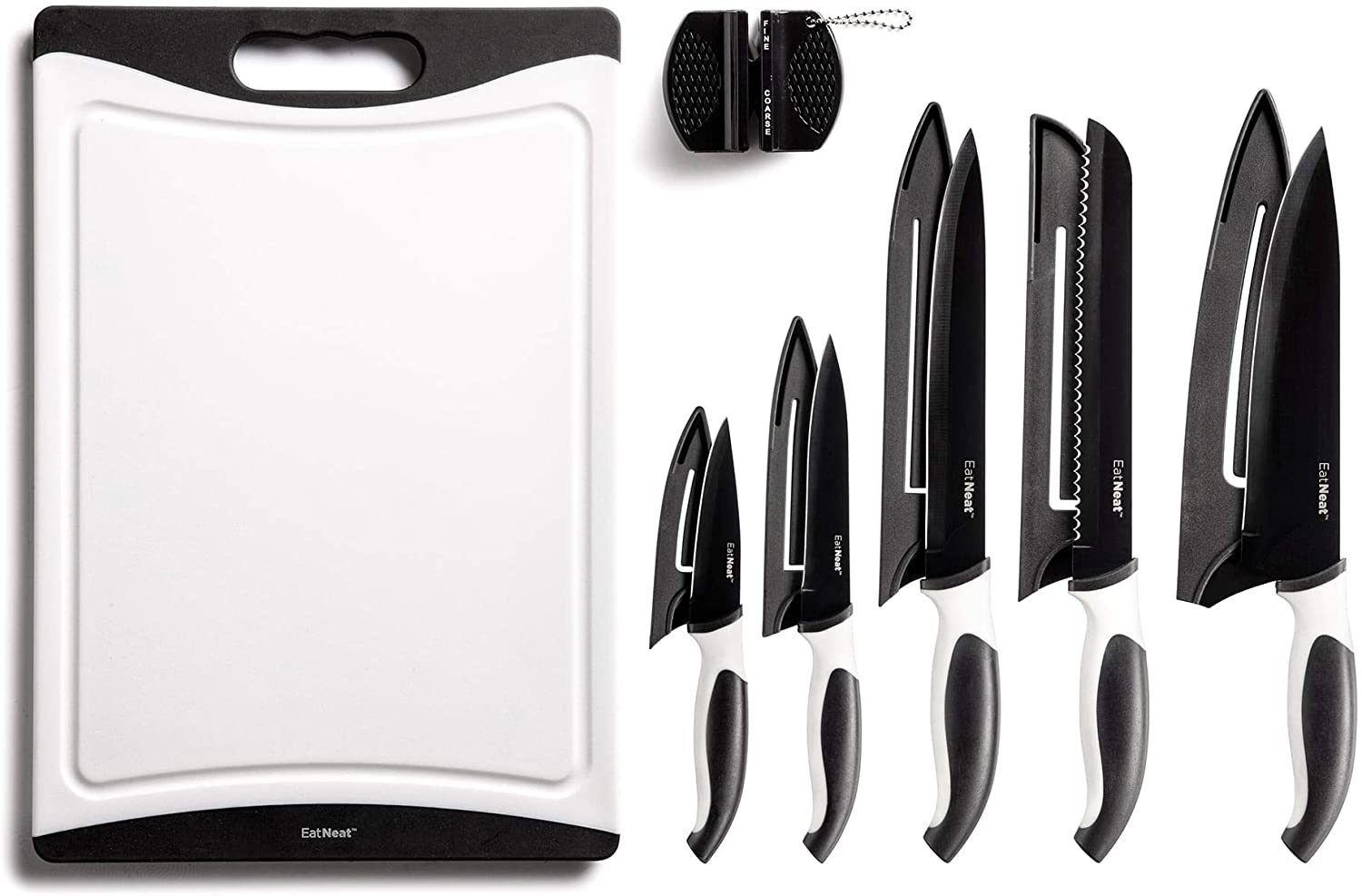 Eatneat 12-Piece Kitchen Knife Set - 5 Black Stainless Steel Knives with Sheaths, Cutting Board, and a Sharpener - Razor Sharp Cutting Tools That Are Kitchen Essentials for New Home