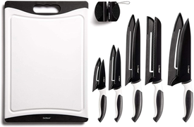 Eatneat 12-Piece Kitchen Knife Set - 5 Black Stainless Steel Knives with Sheaths, Cutting Board, and a Sharpener - Razor Sharp Cutting Tools That Are Kitchen Essentials for New Home