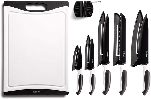 Image of Eatneat 12-Piece Kitchen Knife Set - 5 Black Stainless Steel Knives with Sheaths, Cutting Board, and a Sharpener - Razor Sharp Cutting Tools That Are Kitchen Essentials for New Home