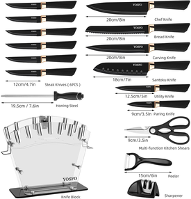 Kitchen Knife Set with Block, Knives Set with Acrylic Stand, 17Pcs Stainless Steel Knife Block Set Includes Serrated Steak Knives Set, Chef Santoku Knives, Scissor, Sharpener and Knife Holder