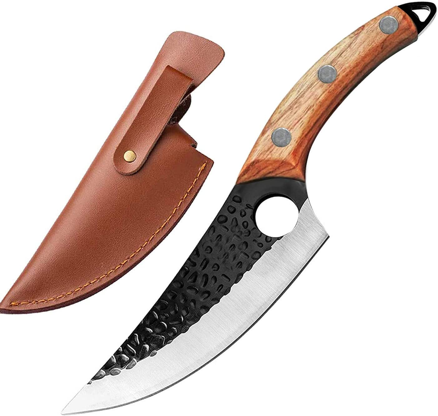 ZENG Butcher Knife Hand Forged Boning Knife with Sheath, Viking Knife, Huusk Japanese Knife, High Carbon Steel Fillet Chef Knife Meat Cleaver Knife for Kitchen, Camping, BBQ