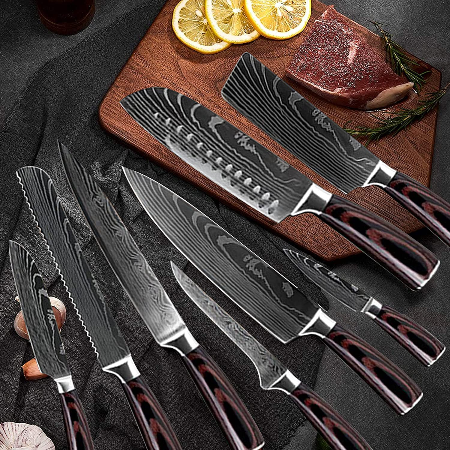 Kitchen Chef Knife Sets,8 Pieces Professional High Carbon Stainless Steel Chef Knives, Pakkawood Handle,3.5-9 Inch Ultra Sharp Cooking Knife for Vegetable Meat Fruit