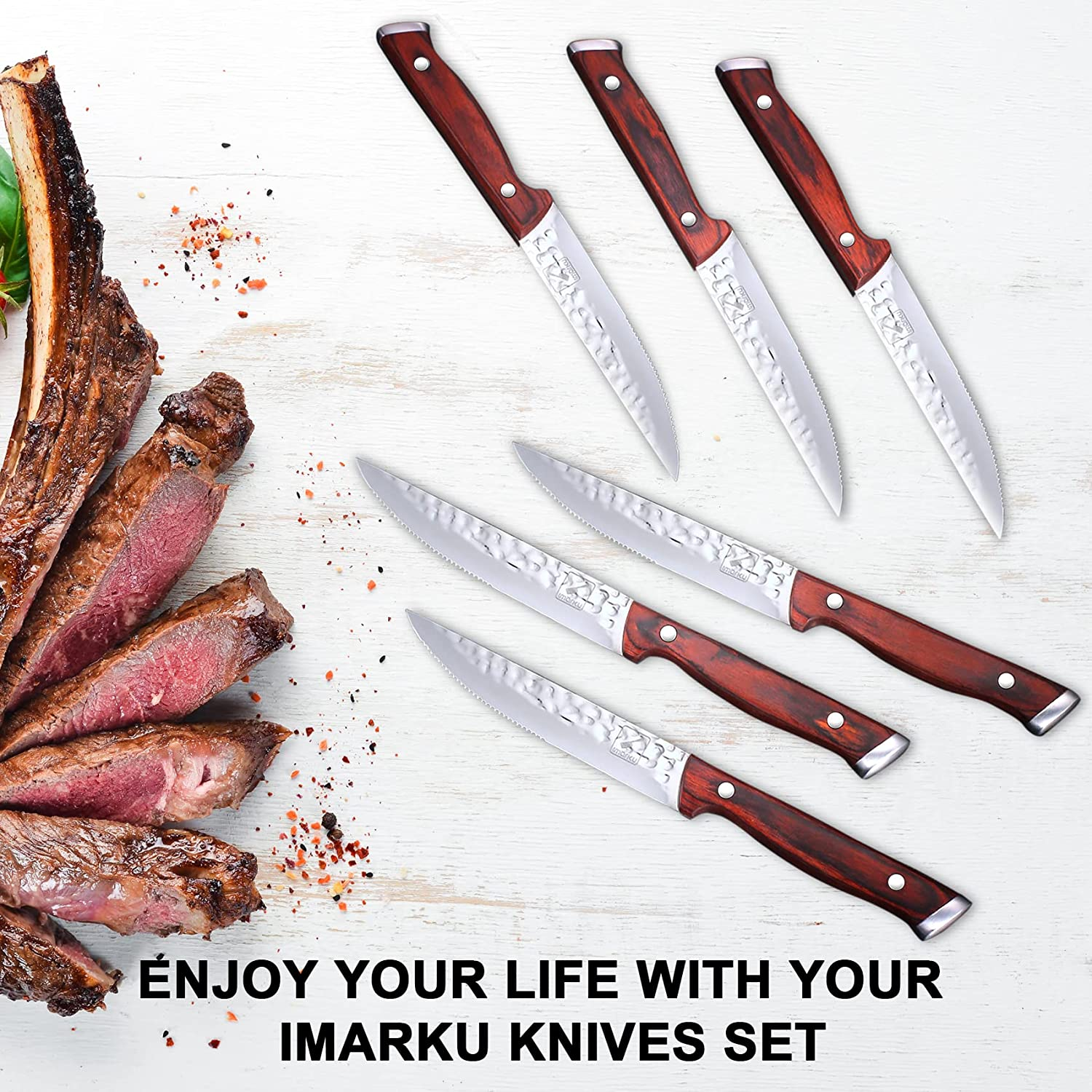 Kitchen Knife Set,Imarku 16-Piece Knife Set with Block,Professional German Stainless Steel Knife Set with 6 Steak Knives and Knife Sharpener,Unique Hammered Design