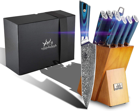Image of Kitchen Damascus Knife Set- 9 Pcs Japanese Aus-10 Damascus Steel Chef Knives Set High Carbon Core Stainless Steel Full Tang Chef Knife Set Blue G10 Home Kitchen Professional Knife Block Set