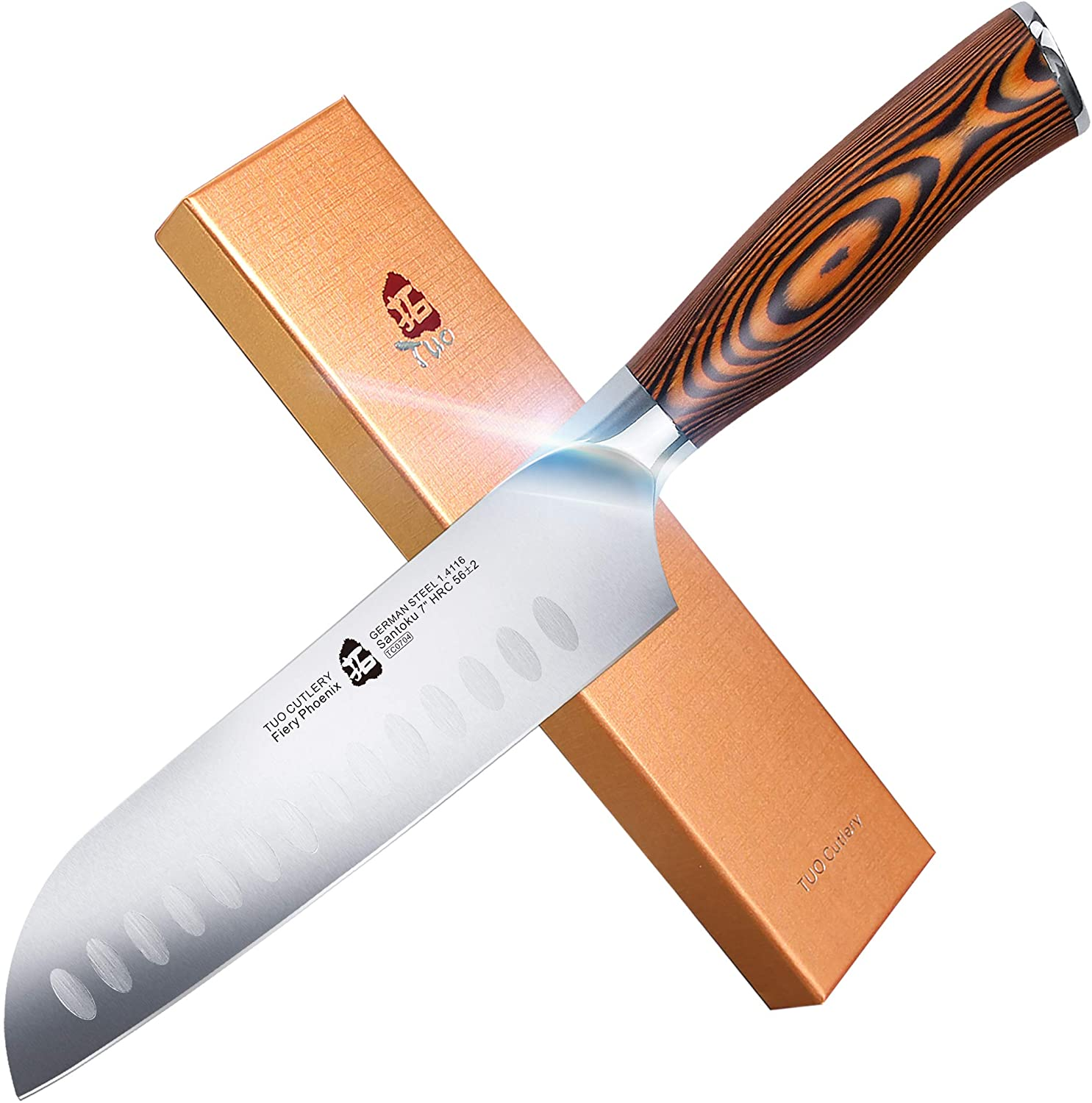 TUO Santoku Knife - Asian Granton Chef Knife - Hollow Ground High Carbon German Steel Kitchen Cutlery - Ergonomic Pakkawood Handle - Gift Box Included - 7 Inch - Fiery Phoenix Series