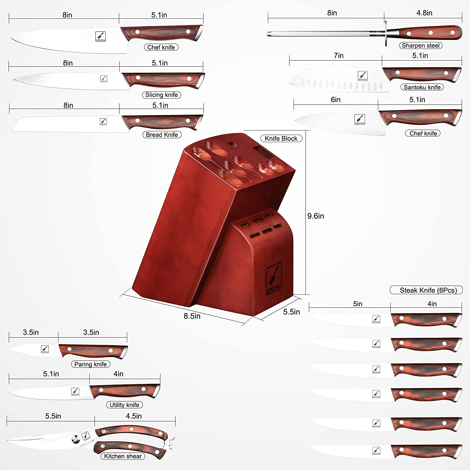 Japanese Knife Set, Imarku 16-Piece Professional Kitchen Knife Set with Block, Chef Knife Set with Knife Rod, German High Carbon Steel Kitchen Knives Set