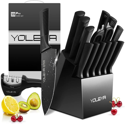 Image of Knife Set,Yoleya 15 Pieces Kitchen Knife Set Non Stick Coating Knife Set with Block,Professional Knives Set for Kitchen