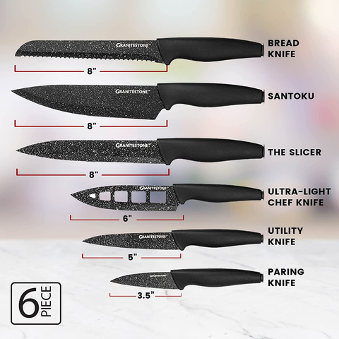 Image of Nutriblade 6 PC Knife Set by Granitestone, Professional Kitchen Chef’S Knives with Ultra Sharp Stainless Steel Blades and Nonstick Granite Coating, Easy-Grip Handle, Rust-Proof, Dishwasher-Safe, Black