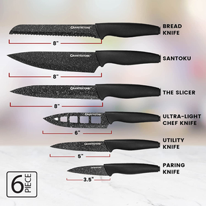 Nutriblade 6 PC Knife Set by Granitestone, Professional Kitchen Chef’S Knives with Ultra Sharp Stainless Steel Blades and Nonstick Granite Coating, Easy-Grip Handle, Rust-Proof, Dishwasher-Safe, Black