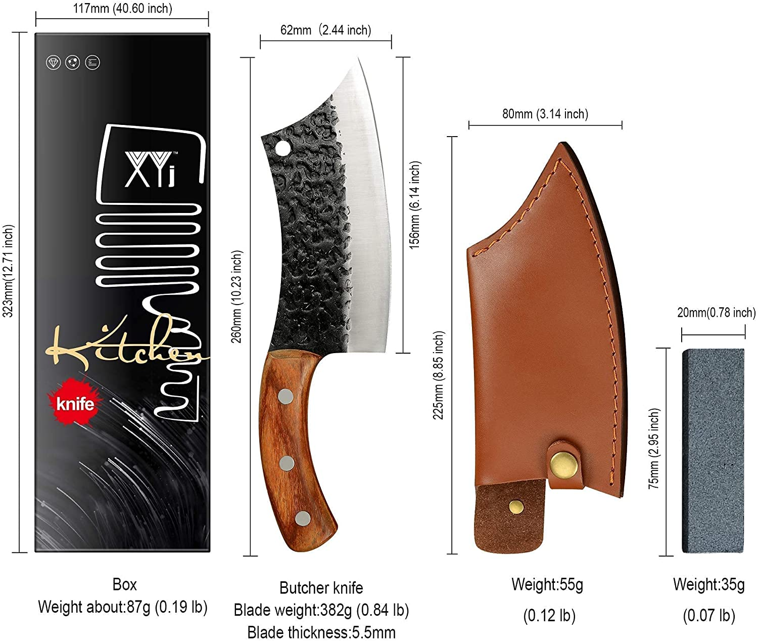 XYJ Full Tang Boning Knife Handmade Forged Butcher Knife Serbian Chef Knife Multi-Functional Cleaver with Leather Sheath for Kitchen Camping or BBQ