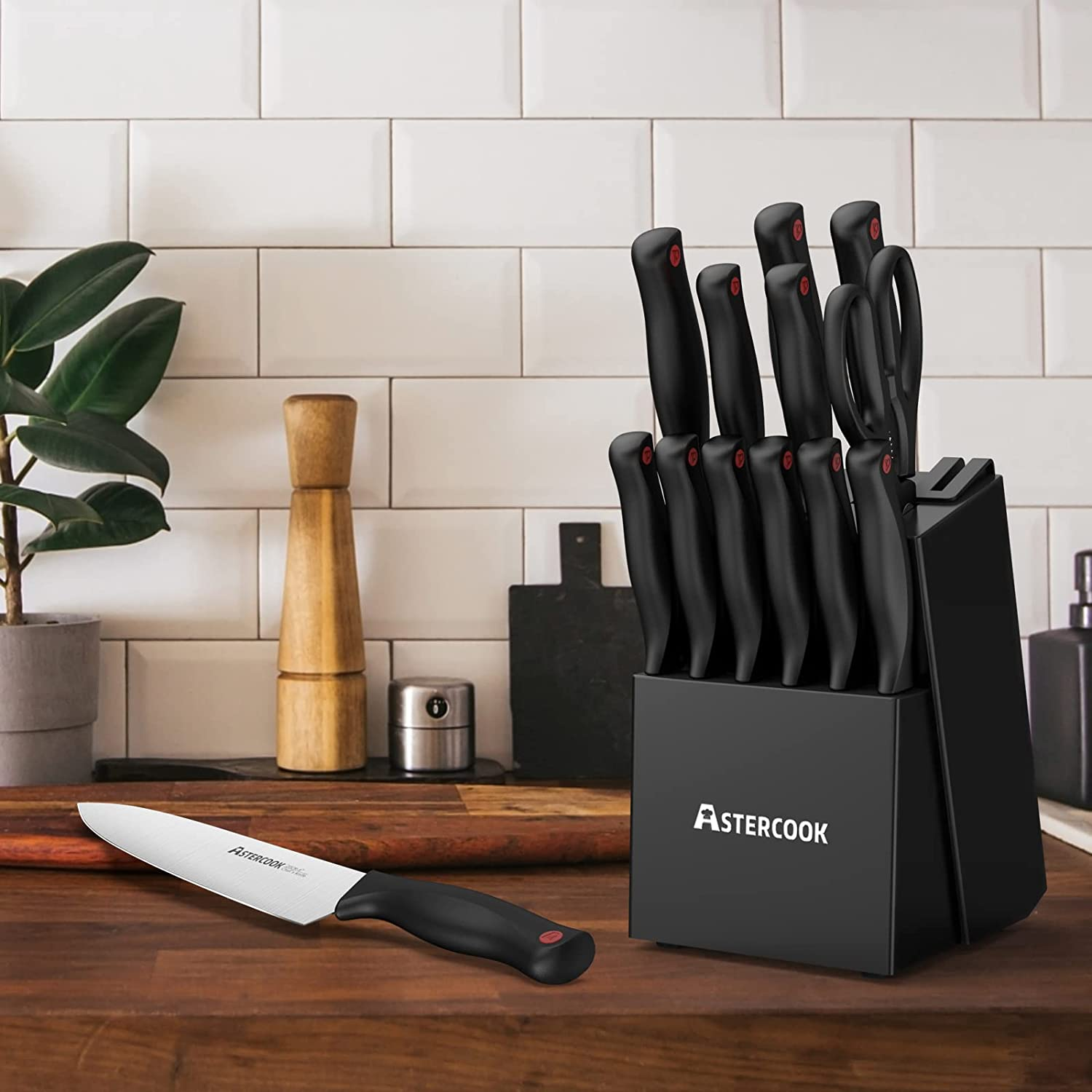 Astercook Knife Set with Built-In Sharpener Block, Dishwasher Safe Kitchen Knife Set with Block, 14 Pcs High Carbon Stainless Steel Block Knife Set with Self Sharpening and 6 Steak Knives, Black…