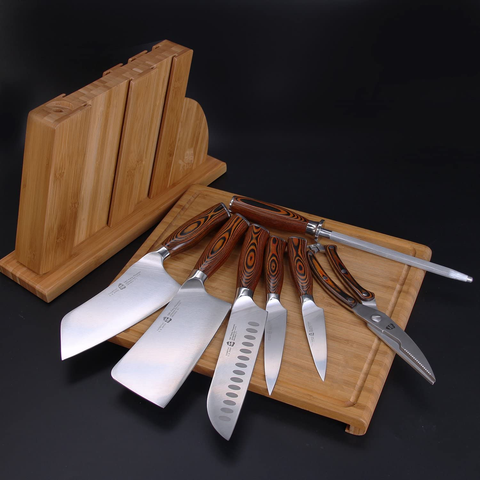 Image of TUO 8-Pcs Kitchen Knife Set - Forged German X50Crmov15 Steel - Rust Resistant - Full Tang Pakkawood Ergonomic Handle - Kitchen Knives Set with Wooden Block - Fiery Phoenix Series