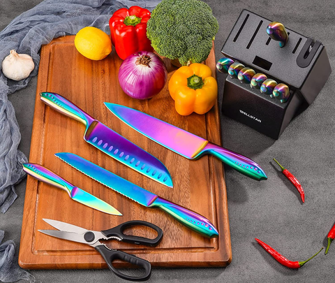 Image of WELLSTAR Rainbow Knife Set 14 Pieces, Iridescent German Stainless Steel Kitchen Knives Set with Wooden Block, Colorful Titanium Coating, Chef’S Knife Block Set with Scissors and Built-In Sharpener