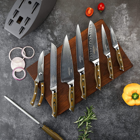 Image of Kitchen Damascus Knife Set, 9-Piece Kitchen Knife Set with Block, Non-Slip G10 Ergonomic Triple Rivet Handle for Chef Knives, Knife Sharpener and Kitchen Shears, Natural Wood Block (Black)