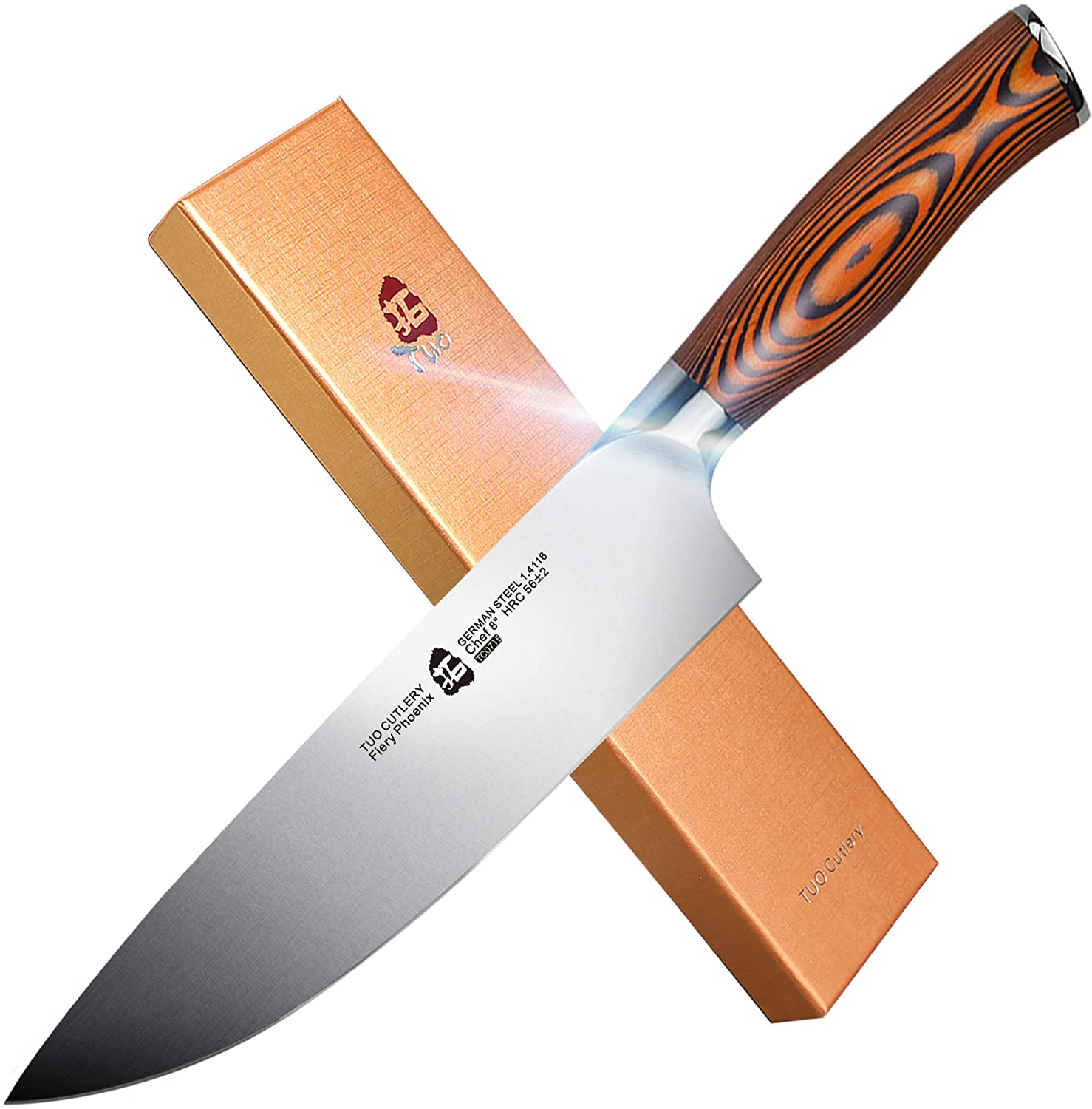 TUO Chef Knife Kitchen Knives Chef S Knife, High Carbon German Stainless Steel Cutlery Rust Resistant, Pakkawood Handle Luxurious Gift Box 8 Inch Chopper Fiery Phoenix Series