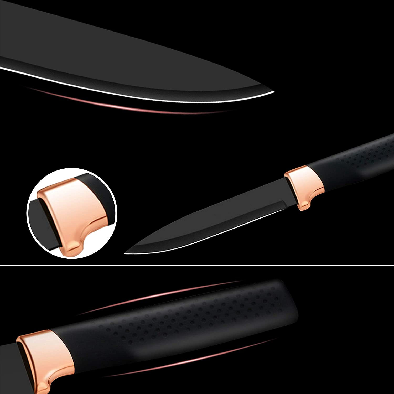 Elabo 5 Piece Black Kitchen Knife Set with Stand - Stainless Steel Non-Stick Coating Knives, Rose Gold Handle