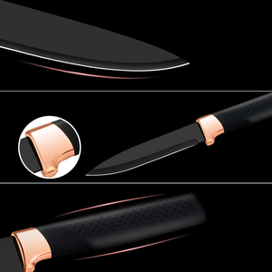 Elabo 5 Piece Black Kitchen Knife Set with Stand - Stainless Steel Non-Stick Coating Knives, Rose Gold Handle