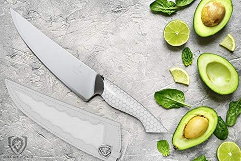 Image of DALSTRONG Chef Knife - 8 Inch - Frost Fire Series - High-Chromium 10CR15MOV Stainless Steel Kitchen Knife - Sand Blasted Frosted Finish - White Honeycomb Handle - Sheath - NSF Certified