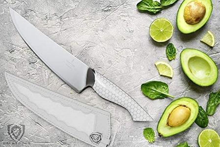 DALSTRONG Chef Knife - 8 Inch - Frost Fire Series - High-Chromium 10CR15MOV Stainless Steel Kitchen Knife - Sand Blasted Frosted Finish - White Honeycomb Handle - Sheath - NSF Certified