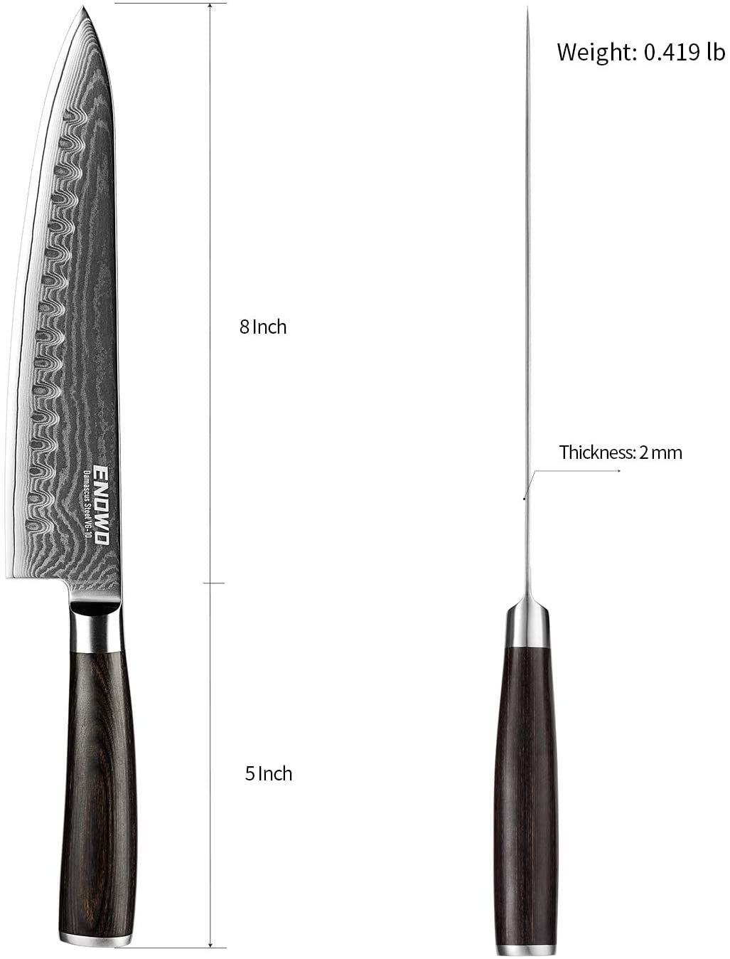 Enowo Damascus Chef Knife 8 Inch with Clad Dimple,Razor Sharp Kitchen Carving Sushi Knife Made of Japanese VG-10 Stainless Steel,Gift Box,Ergonomic, Superb Edge Retention, Stain & Corrosion Resistant