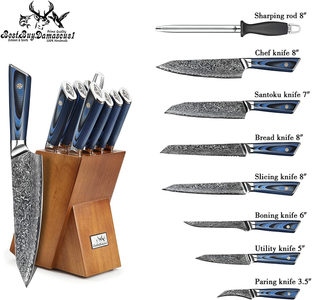 Kitchen Damascus Knife Set- 9 Pcs Japanese Aus-10 Damascus Steel Chef Knives Set High Carbon Core Stainless Steel Full Tang Chef Knife Set Blue G10 Home Kitchen Professional Knife Block Set