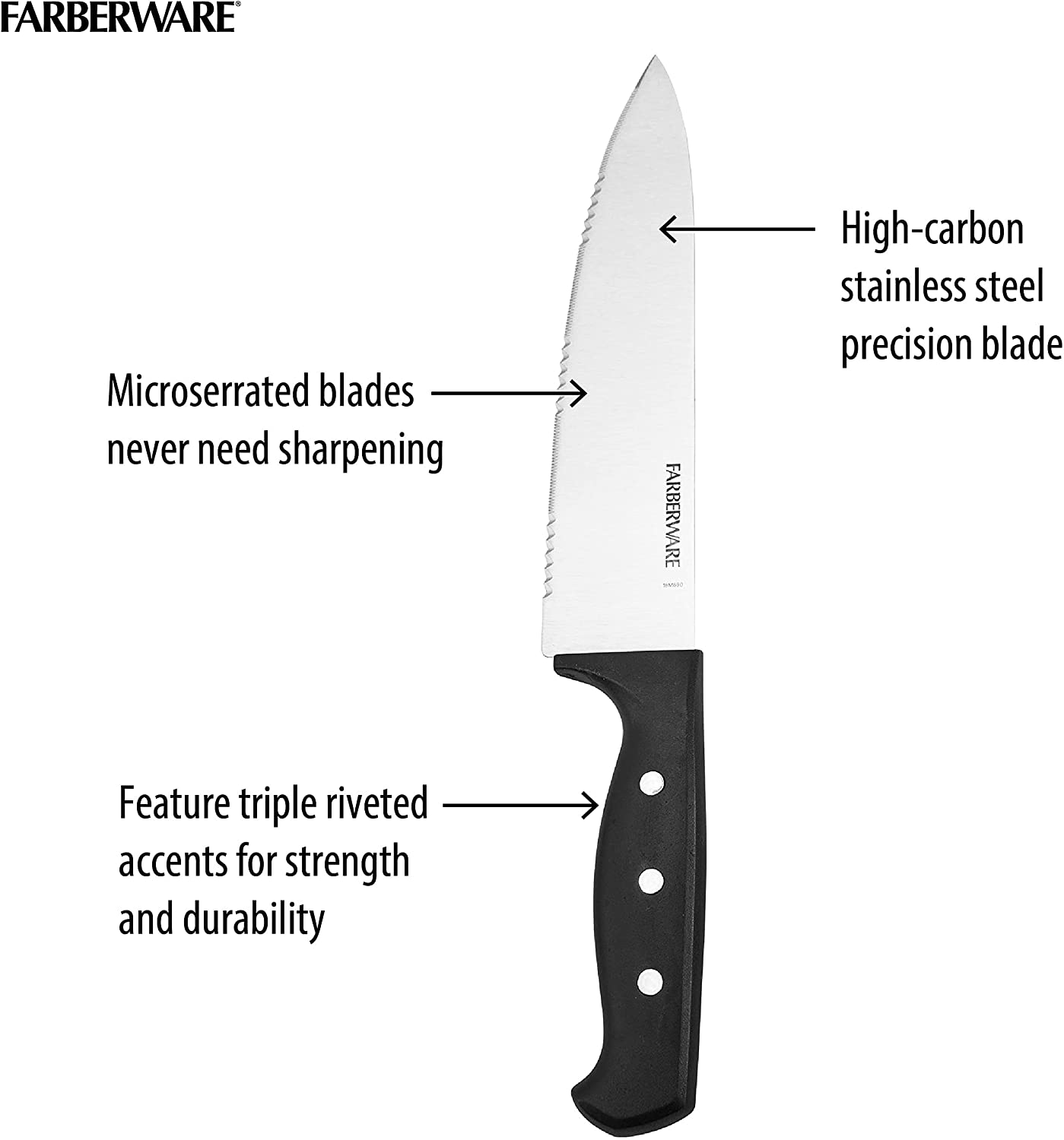 Farberware 22-Piece Never Needs Sharpening Triple Rivet High-Carbon Stainless Steel Knife Block and Kitchen Tool Set, Black