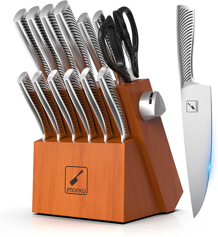 Image of Kitchen Knife Set with Block, Imarku 14-Piece High Carbon Stainless Steel Knife Set, Dishwasher Safe Kitchen Knives, Chef Knife Set with Built-In Sharpener, Ergonomic Handle