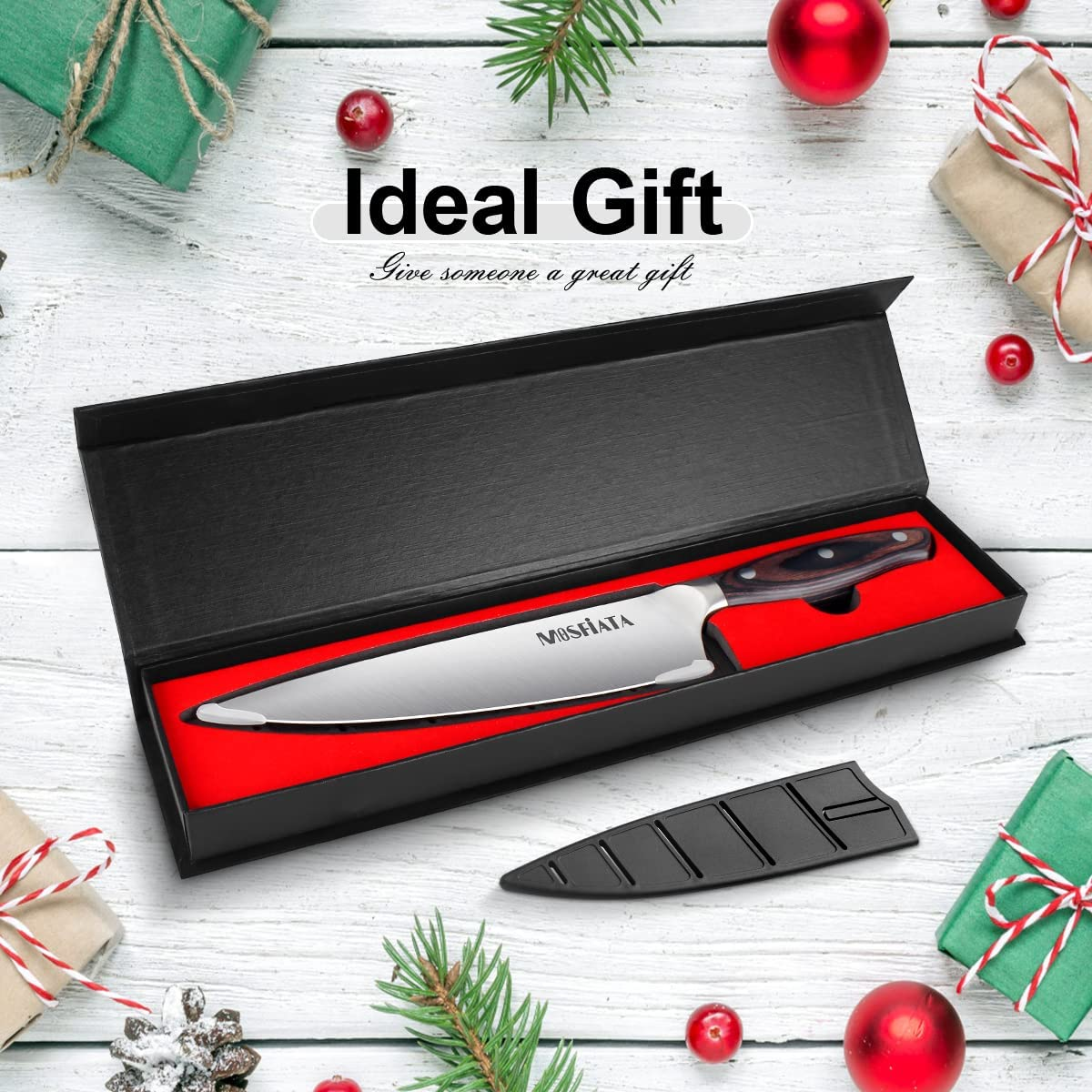 Mosfiata Chef Knife 8 Inch Kitchen Cooking Knife, 5Cr15Mov High Carbon Stainless Steel Sharp Knife with Ergonomic Pakkawood Handle, Full Tang Vegetable Meat Cutting Knife with Sheath for Home Kitchen