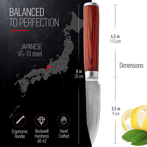 Image of Damascus Paring Knife, 3.5 Inch Japanese VG-10 Stainless Steel Super Sharp Small Kitchen Knives with Pakkawood Handle