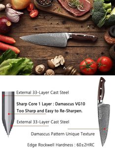 Damascus Chef Knife 8 Inch Kitchen Knives Professional Super Steel VG10 High Carbon Stainless Very Sharp Damascus Steel Knife Comfortable Ergonomic Wood Grain Handle Luxury