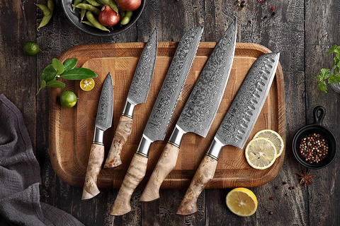 Image of HEZHEN 7PCS Kitchen Knives Set Professional Forging Damascus High Carbon Steel Chef Knife Santoku Bread Knife Utility Knife Fruit Knife 3Cr14 Multifunctional Kitchen Scissors 6Slot Black Walnut Block