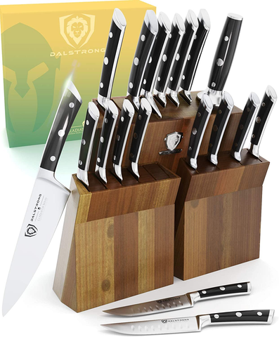 Image of DALSTRONG Knife Set Block - 18-Pc Colossal Knife Set - Gladiator Series -German HC Steel - Acacia Wood Stand (Black Handles) - NSF Certified