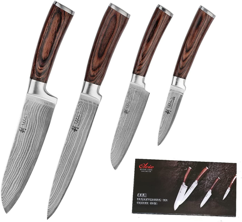 Image of Wakoli EDIB 4-Pcs Damascus Knife Set I Professional Kitchen Knives Made of Japanese Damascus Steel VG10 Chef Knife Set with Pakka Wood Handle in Gift Box