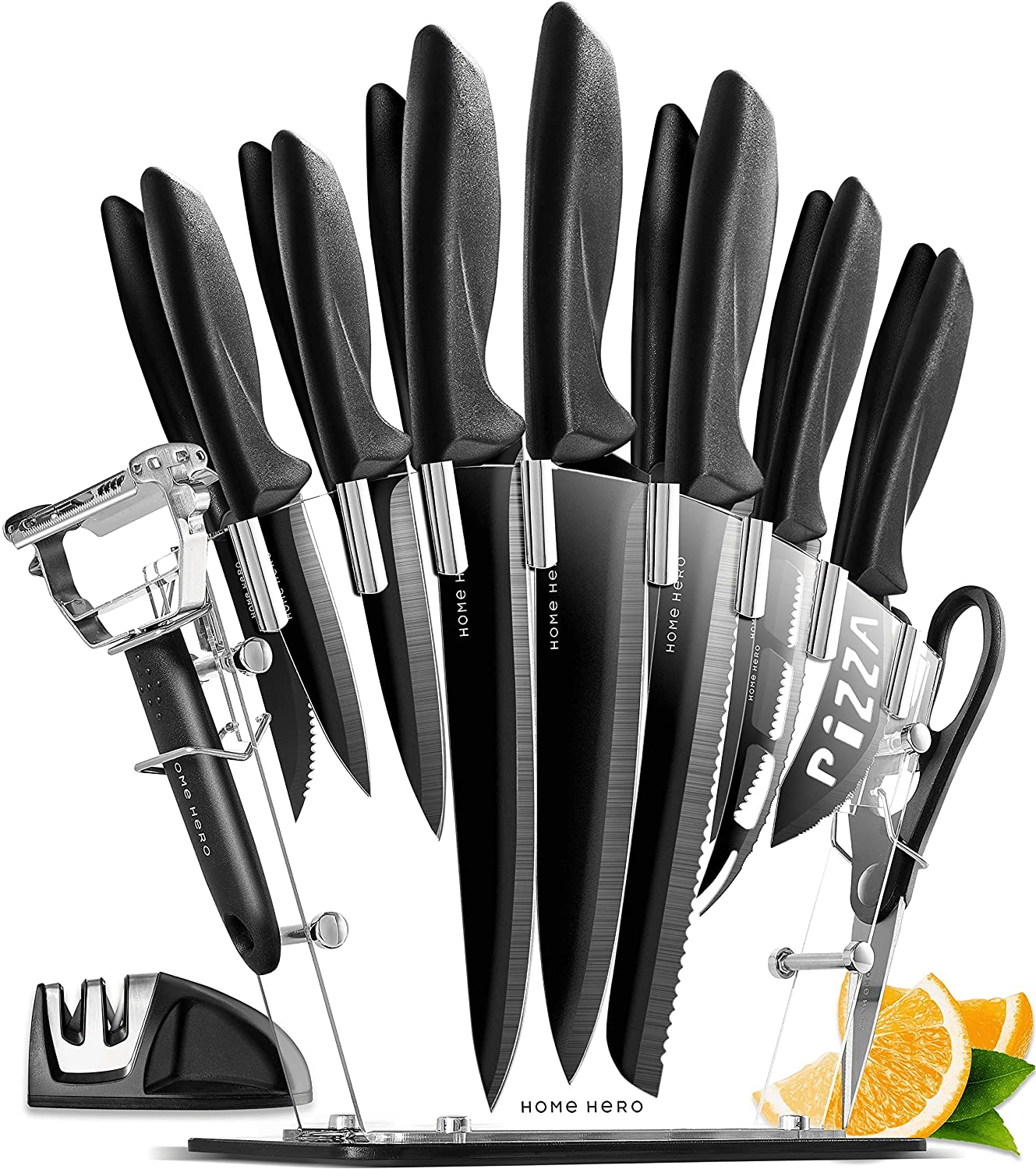 New Home Hero 17 Pcs Kitchen Knife Set - 7 Stainless Steel Knives, 6 Serrated Steak Knives, Scissors, Peeler & Knife Sharpener with Acrylic Stand (Black, Stainless Steel)…
