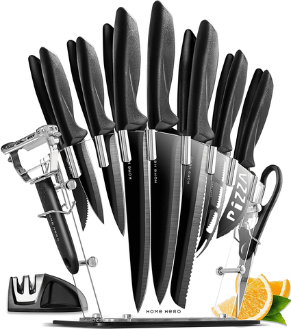 Image of New Home Hero 17 Pcs Kitchen Knife Set - 7 Stainless Steel Knives, 6 Serrated Steak Knives, Scissors, Peeler & Knife Sharpener with Acrylic Stand (Black, Stainless Steel)…
