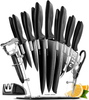 New Home Hero 17 Pcs Kitchen Knife Set - 7 Stainless Steel Knives, 6 Serrated Steak Knives, Scissors, Peeler & Knife Sharpener with Acrylic Stand (Black, Stainless Steel)…