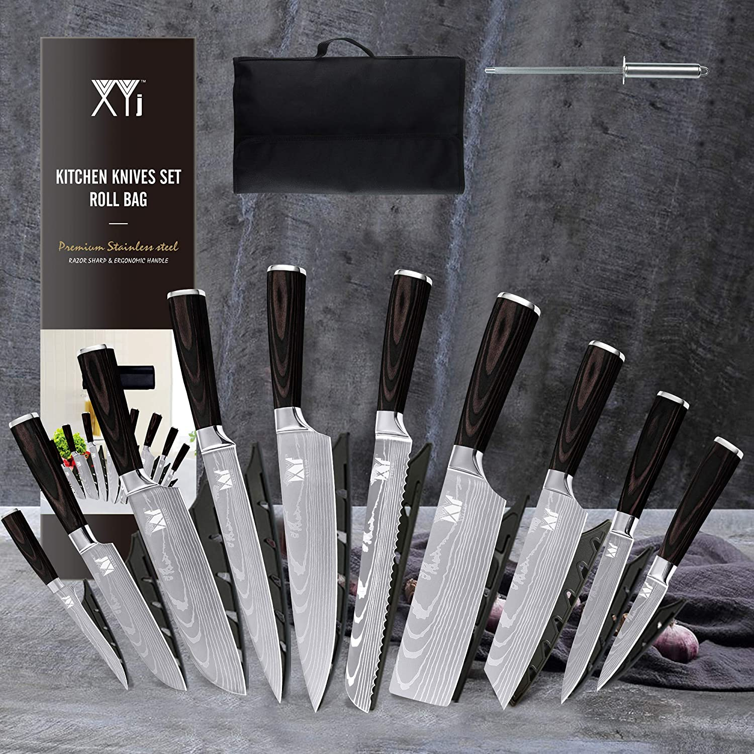 XYJ Stainless Steel Kitchen Knives Set 10 Piece Chef Knife Set with Knife Sharpening Rod Carry Case Bag & Sheath Well Balance Ergonomic Handle