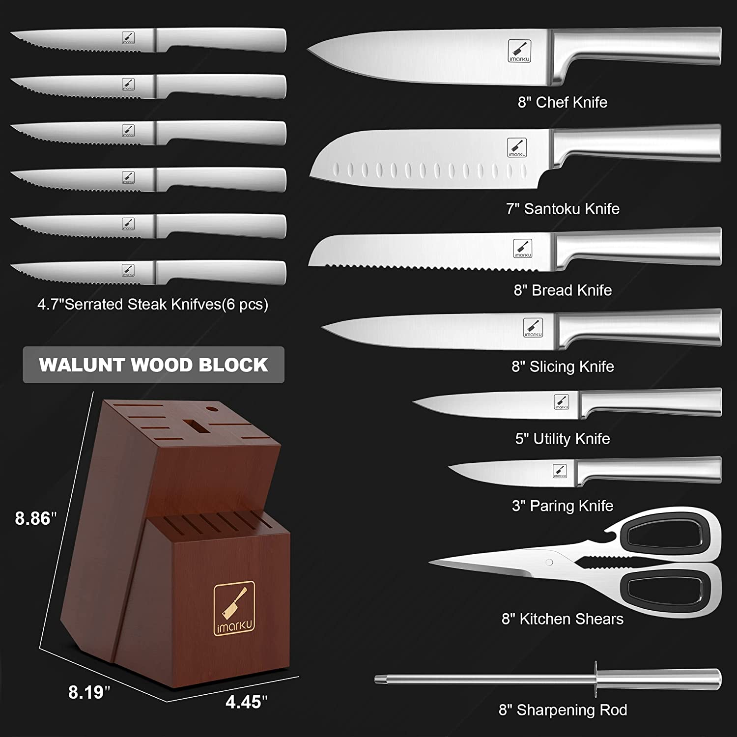 Kitchen Knife Set - Imarku 15 Pieces German Stainless Steel Kitchen Knife Block Set with Sharpener - Dishwasher Safe Kitchen Knives - Ultra Sharp Chef Knife Set for Kitchen with Block - Silver