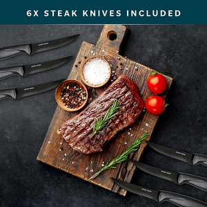 New Home Hero 17 Pcs Kitchen Knife Set - 7 Stainless Steel Knives, 6 Serrated Steak Knives, Scissors, Peeler & Knife Sharpener with Acrylic Stand (Black, Stainless Steel)…