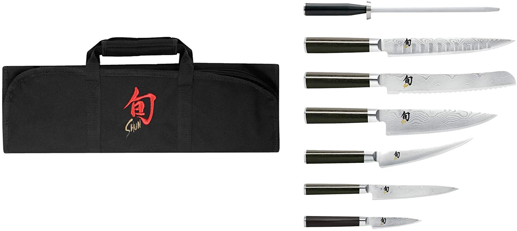Shun Classic 8-Piece Student Set; Perfect Knife Set for the Aspiring Chef: Paring, Utility, Chef’S, Boning/Fillet, Hollow-Ground Slicing and Bread Knives; Honing Steel and Portable Knife Roll Included