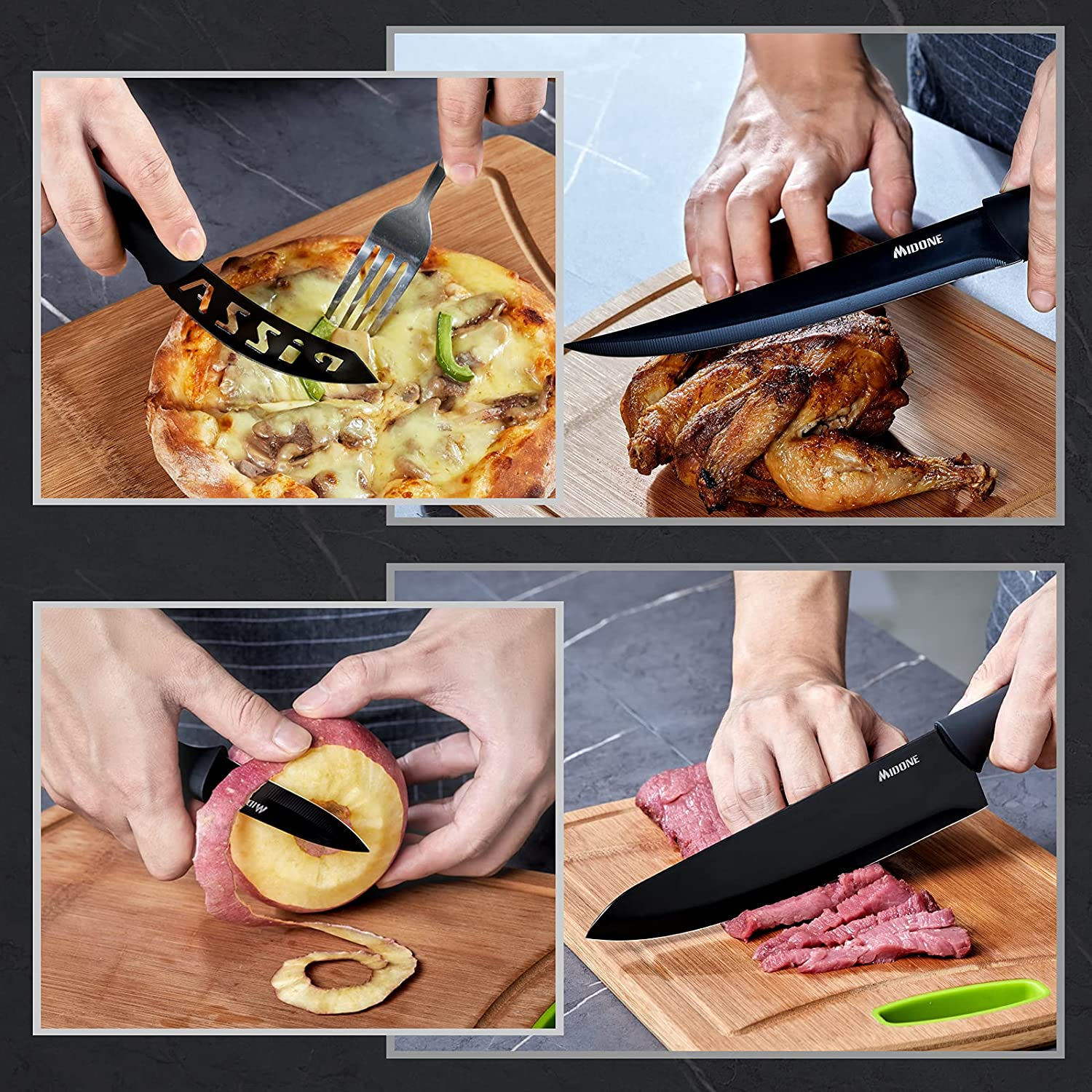 MIDONE Knife Set, 17 Pcs German High Carbon Stainless Steel Kitchen Knife Set - 7 Knives, 6 Serrated Steak Knives, Scissors, Peeler & Sharpener with Acrylic Stand, Black…