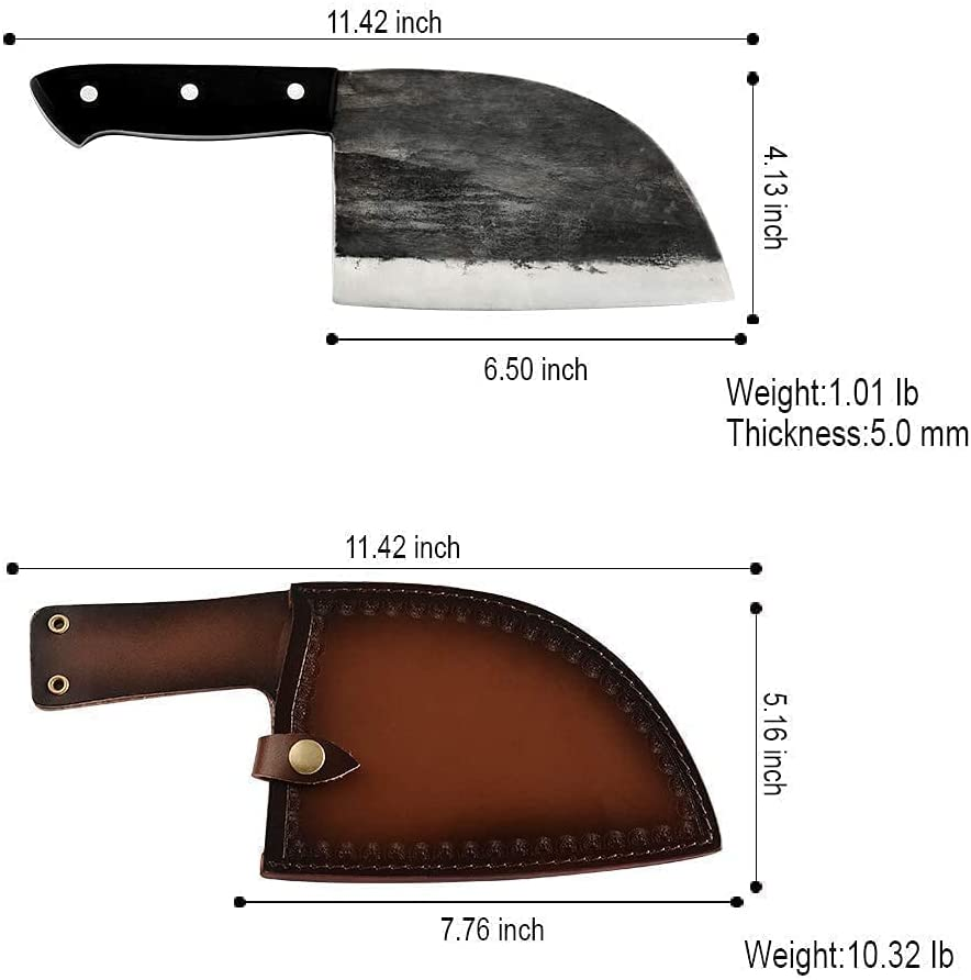 XYJ Full Tang Boning Knife Handmade Forged Butcher Knife Serbian Chef Knife Multi-Functional Cleaver with Leather Sheath for Kitchen Camping or BBQ