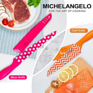 MICHELANGELO Kitchen Knife Set 10 Piece, Knife Sets for Kitchen, High Carbon Stainless Steel Kitchen Knife Set, Colored Kitchen Knifes Set- 5 Knives & 5 Knife Sheath Covers