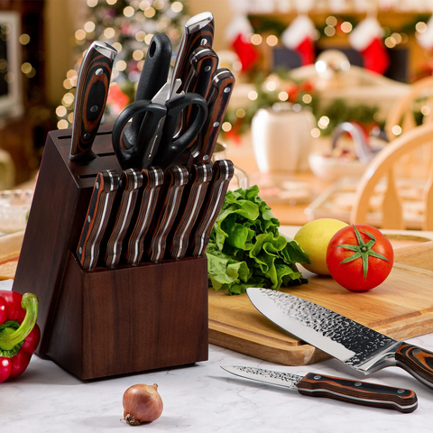 Image of Knife Set, 15-Piece Kitchen Knife Set, Ultra Sharp German Stainless Steel Kitchen Knife Set with Block ，Ergonomic Handle Full Tang Forged Gift with Premium Box
