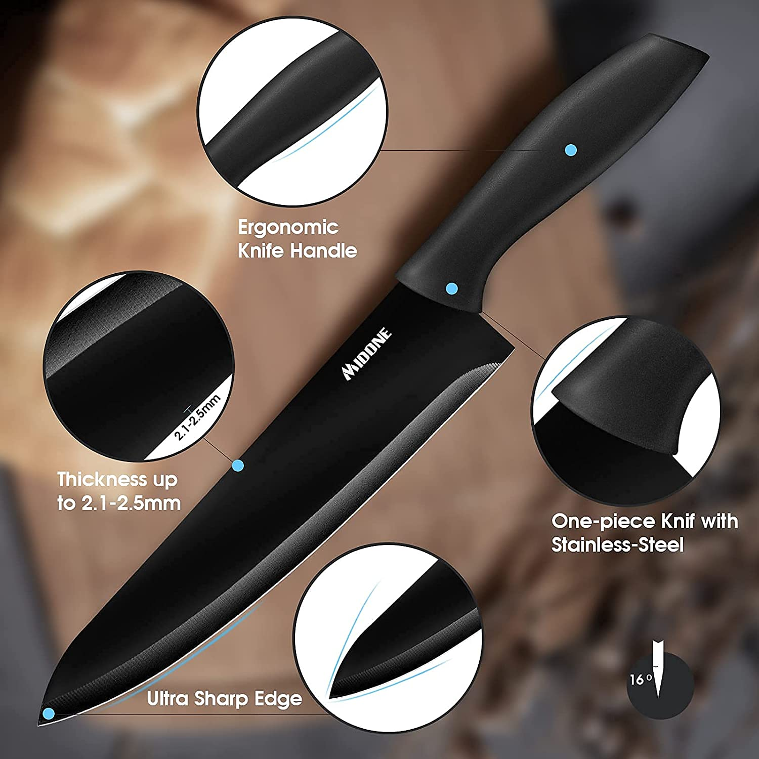 MIDONE Knife Set, 17 Pcs German High Carbon Stainless Steel Kitchen Knife Set - 7 Knives, 6 Serrated Steak Knives, Scissors, Peeler & Sharpener with Acrylic Stand, Black…